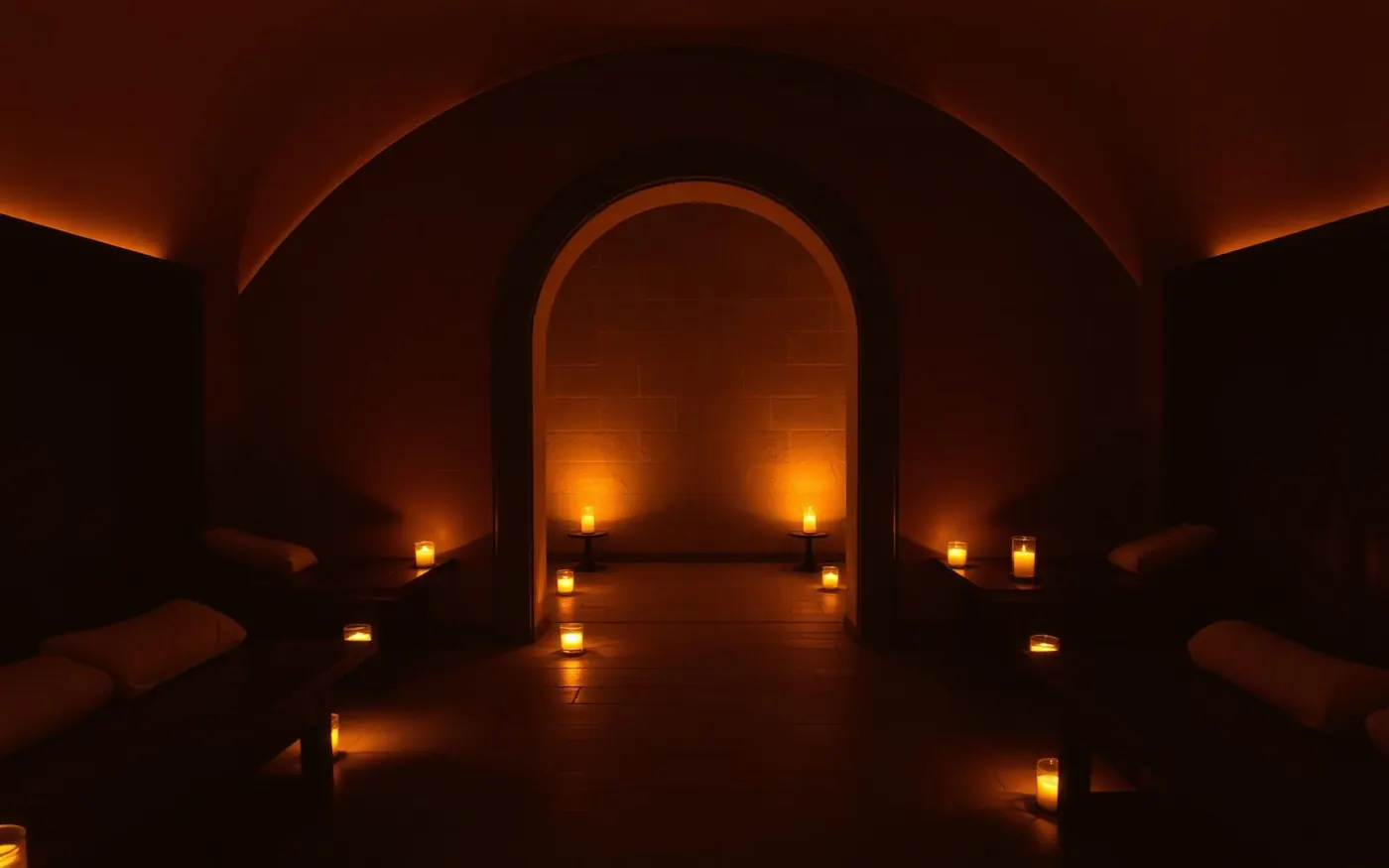 Ambiente de masaje a la luz de las velas con texturas de piedra